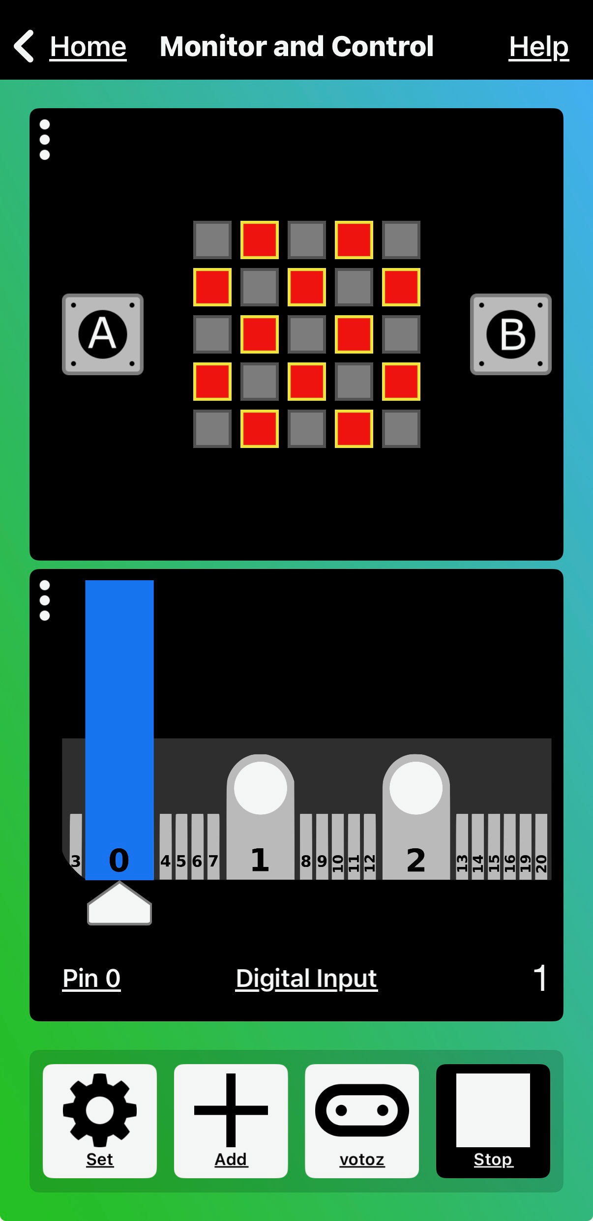 Microbit iOS app showing two-wayBluetooth LED, Button, and Pins services, Pin 0 is active on the device