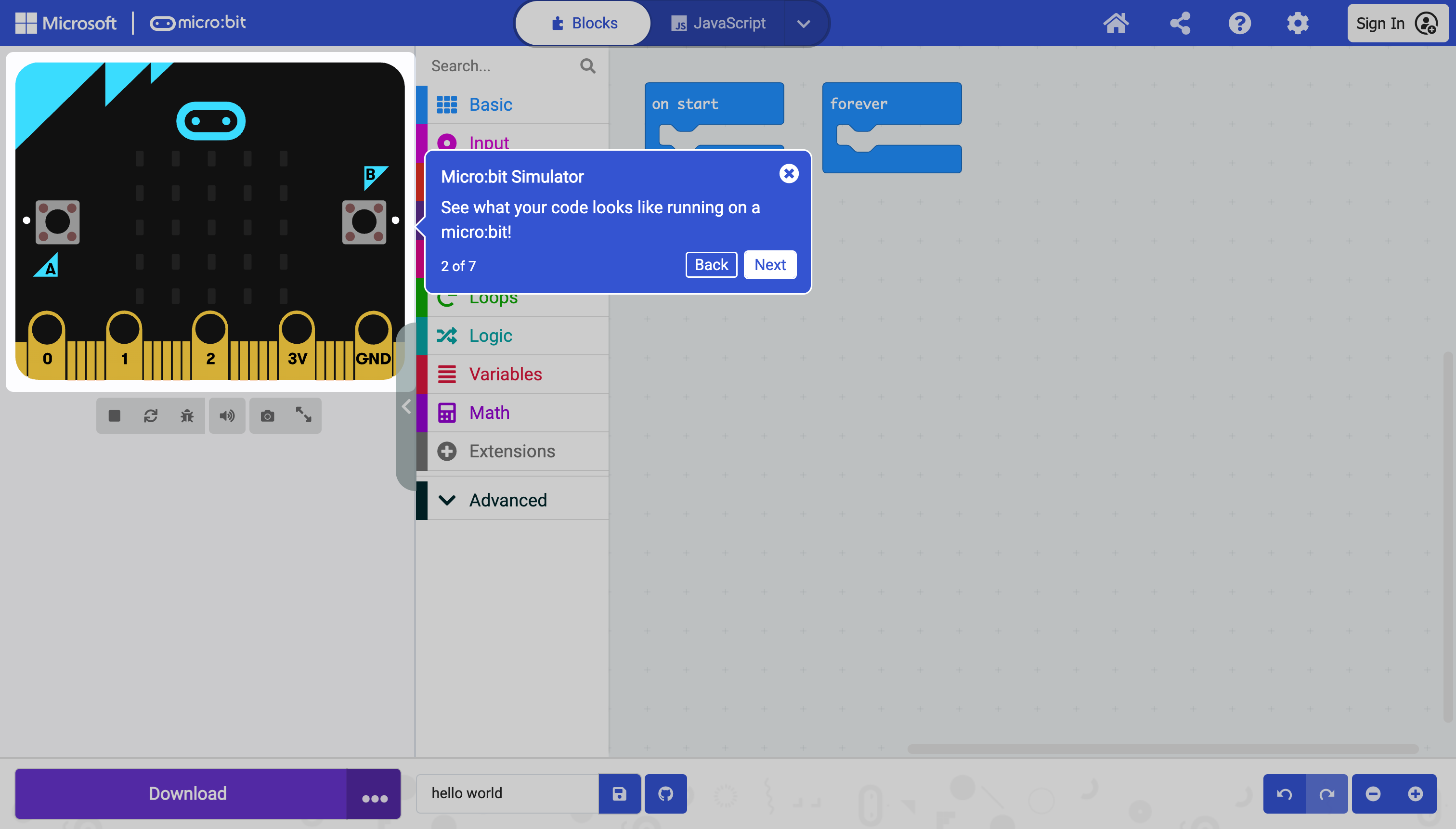 Programming Screen Tour - Simulator