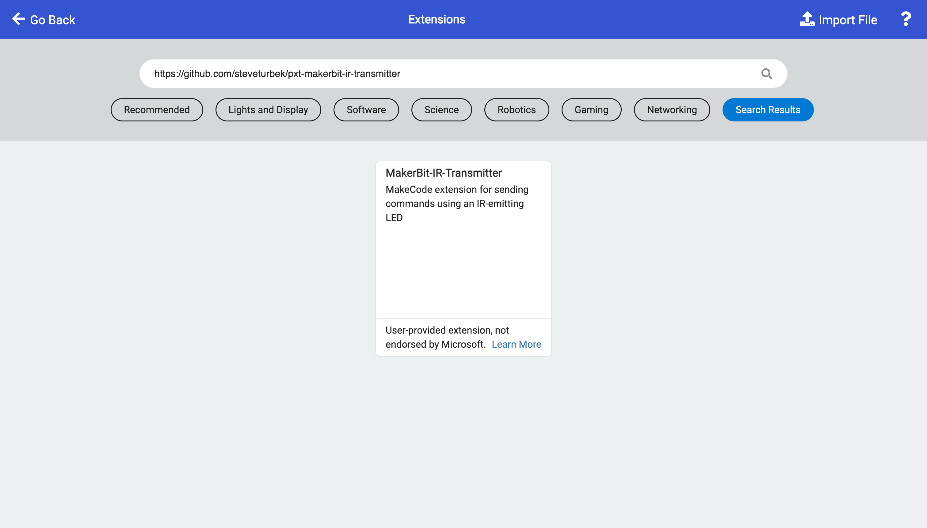 Extensions Library searching for GitHub extension