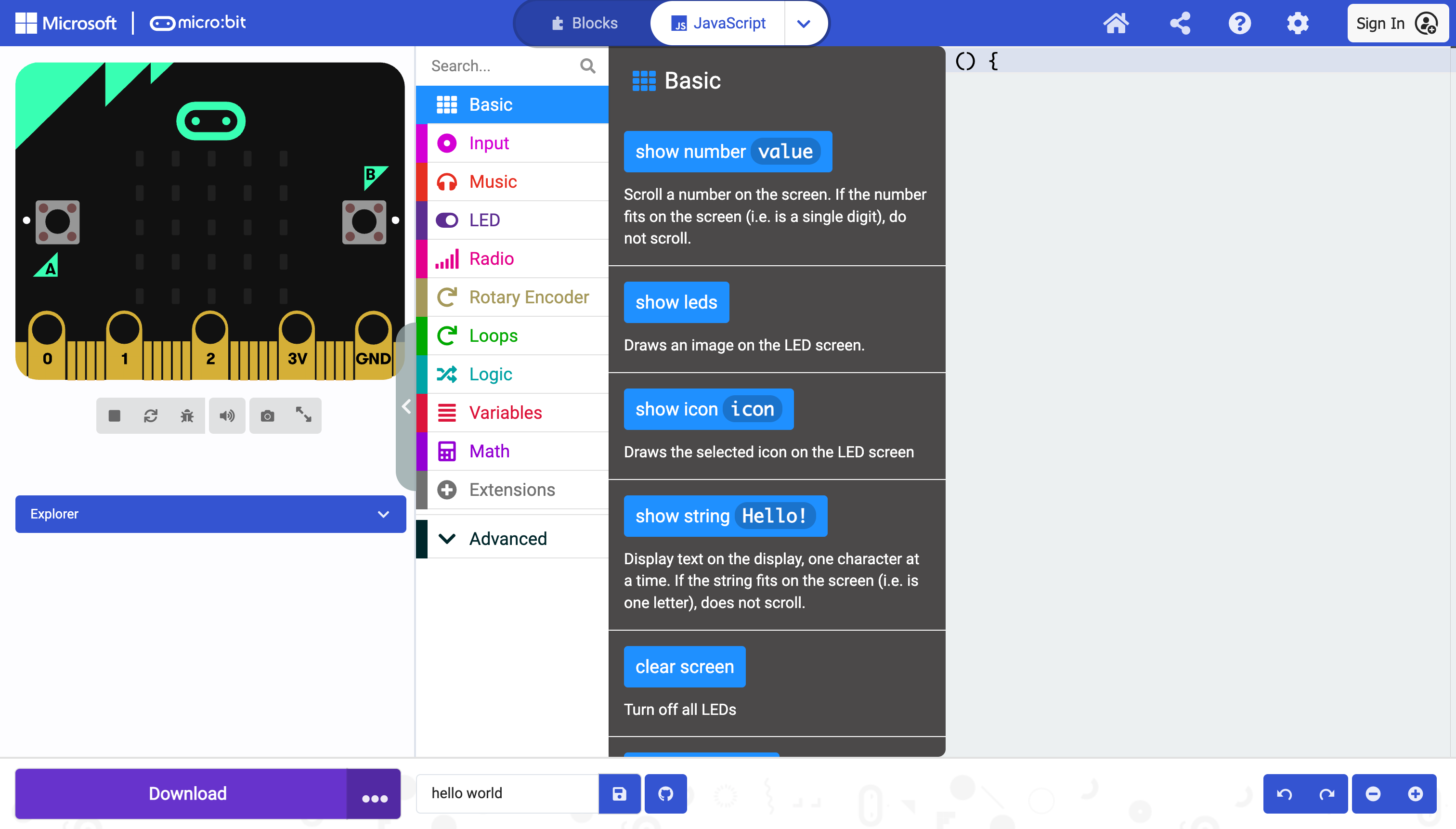 Programming Screen showing Code Toolbox for Basic category